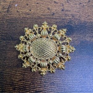Gold Brooch Blooming Sun Flower Celestial Art Nouveau Ornate
